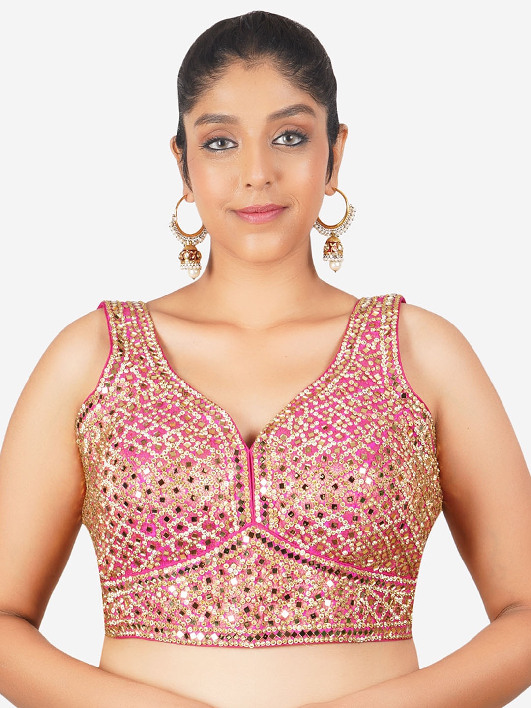 

Trendzmy Embroidered V-Neck Sleeveless Mirror Work Cotton Saree Blouse, Pink