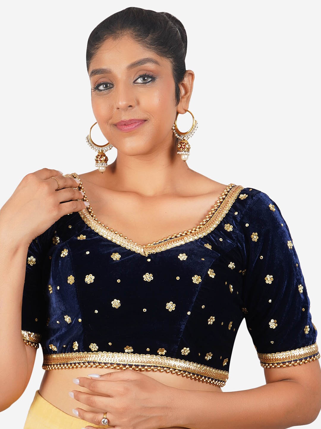 

Trendzmy Embroidered Velvet Saree Blouse, Navy blue