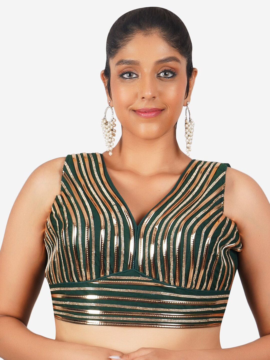 

Trendzmy Embellished Cotton Gotta Patti Readymade Saree Blouse, Green