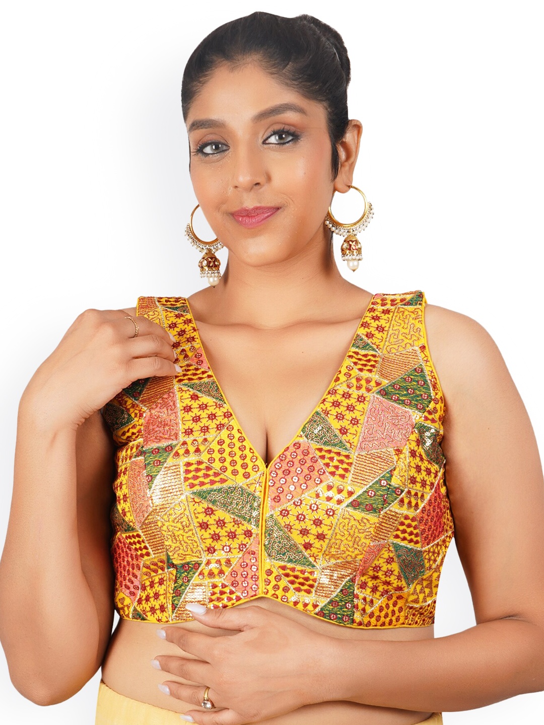 

Trendzmy Embroidered Cotton Readymade Saree Blouse, Yellow
