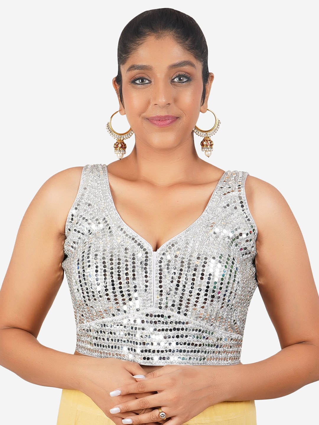

Trendzmy Embroidered V-Neck Sleeveless Heavy Mirror Work Cotton Saree Blouse, White