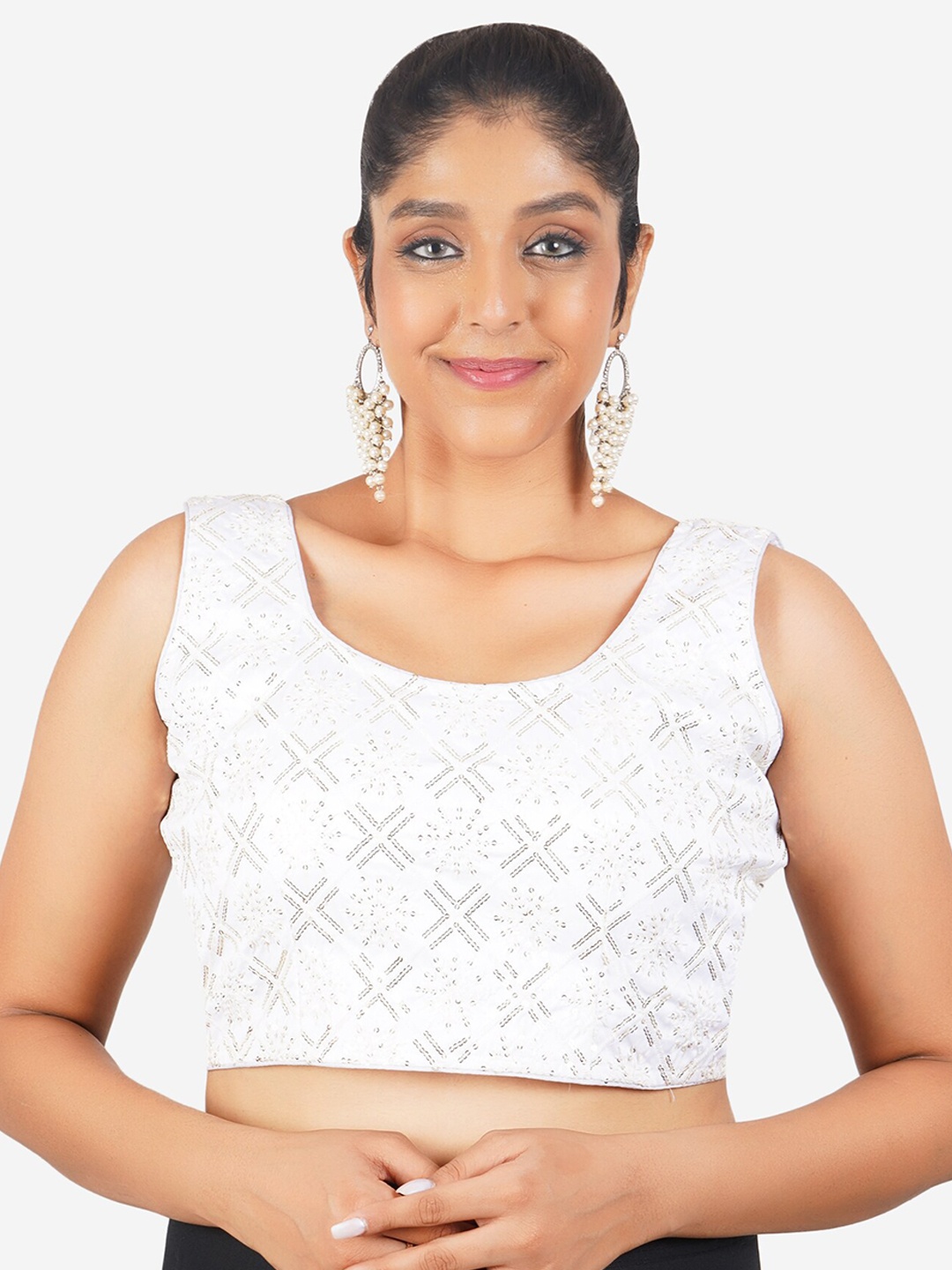 

Trendzmy Embroidered Sleeveless Sequinned Cotton Readymade Saree Blouse, White