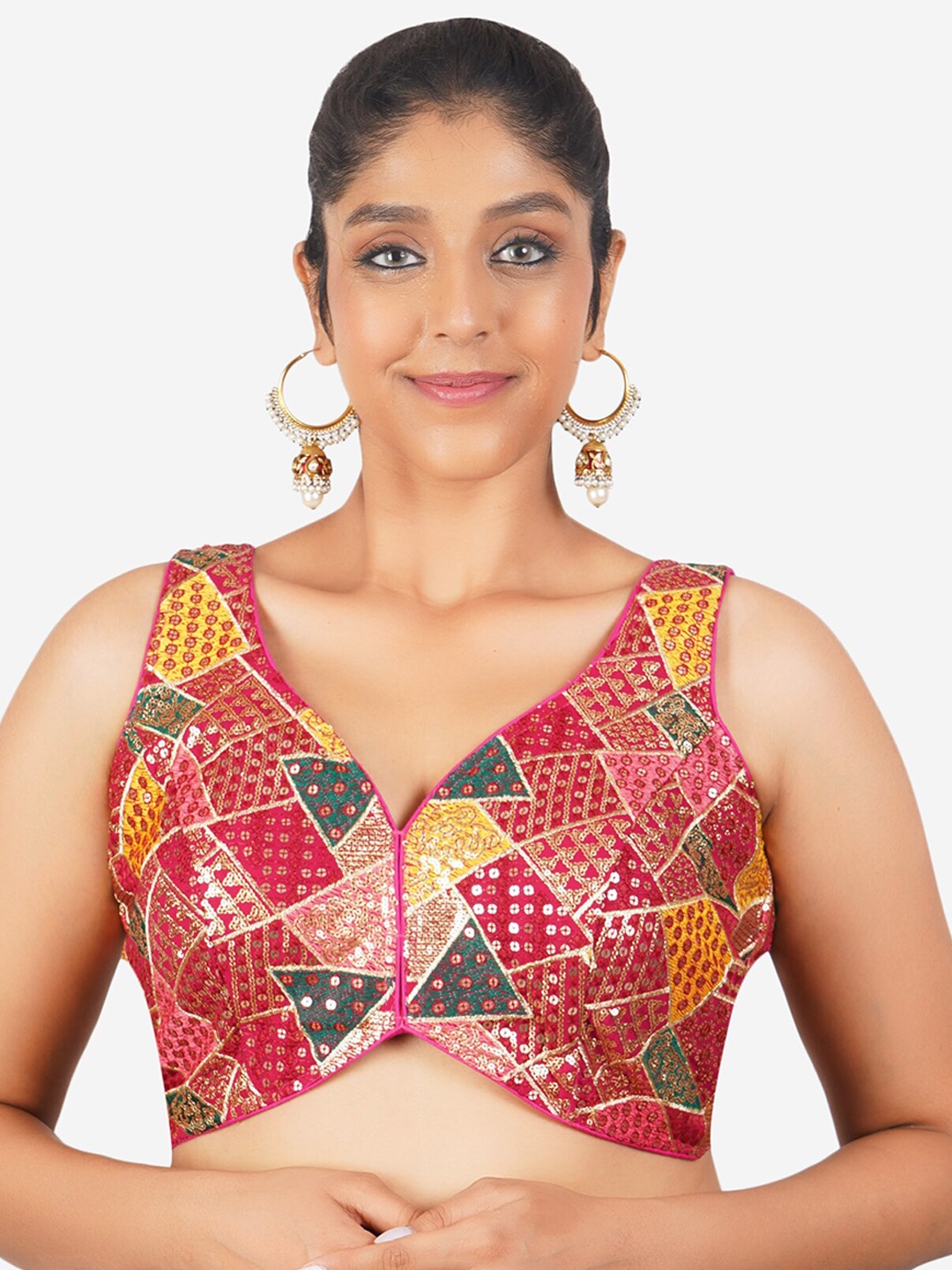 

Trendzmy Embroidered Sequinned Sleeveless Cotton Gujrati Design Saree Blouse, Pink