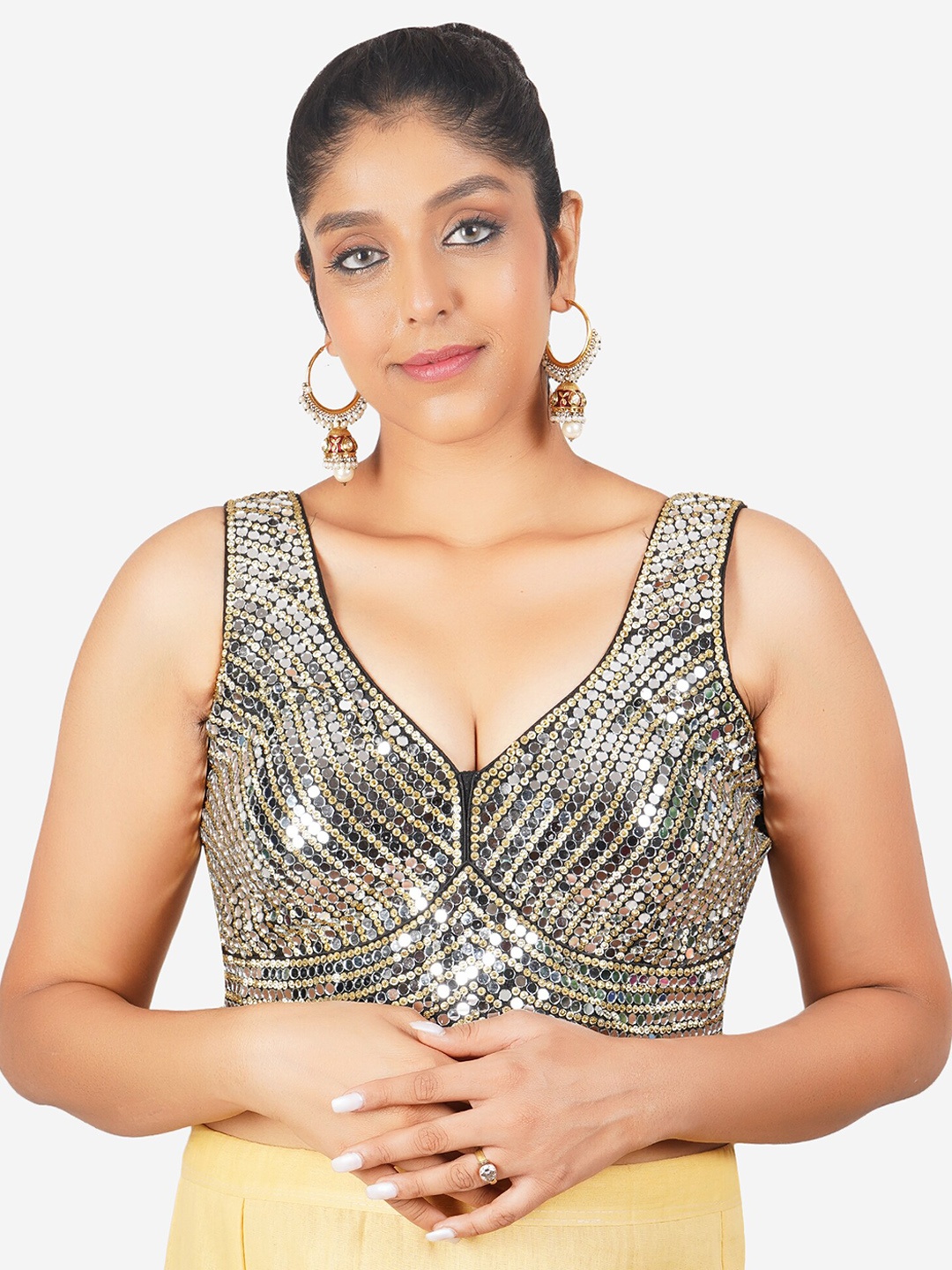 

Trendzmy Embroidered V-Neck Sleeveless Mirror Work Cotton Saree Blouse, Black