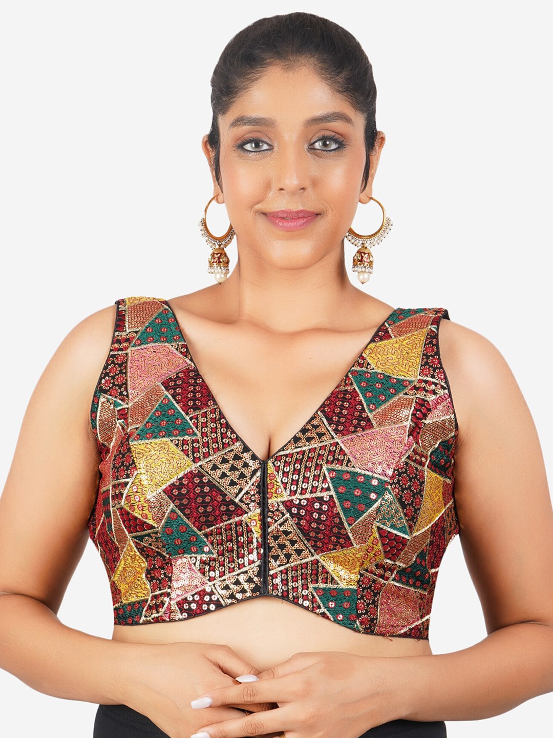 

Trendzmy Embroidered Sequinned Sleeveless Cotton Gujrati Design Saree Blouse, Black