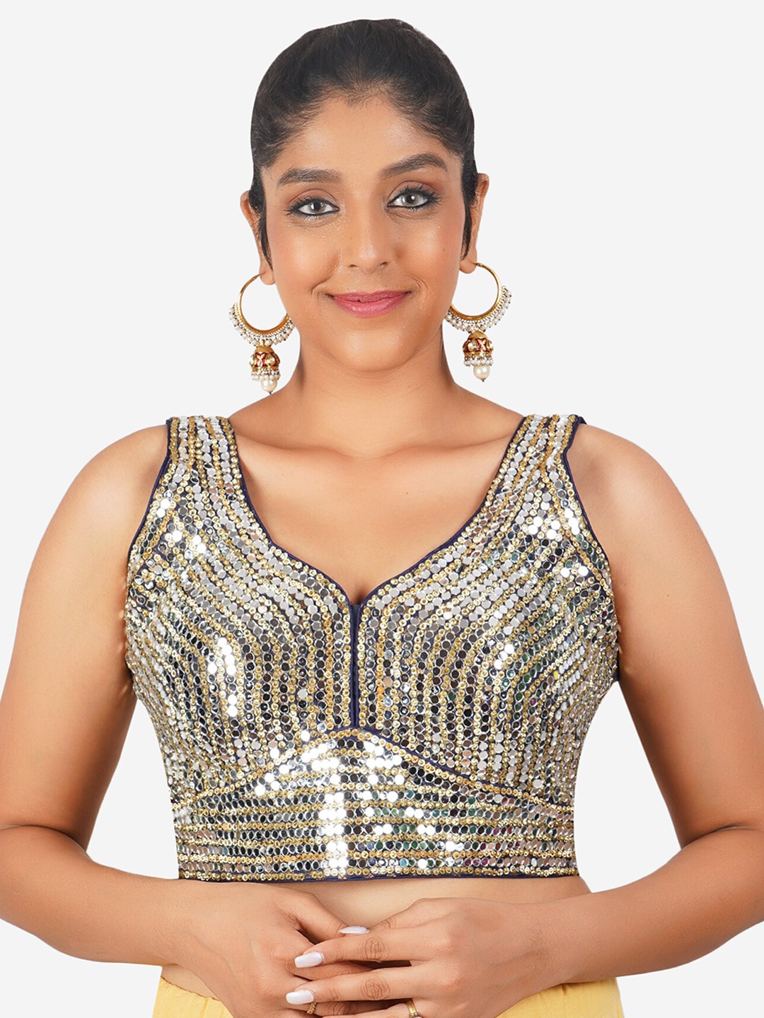 

Trendzmy Embellished Sequinned Cotton Saree Blouse, Navy blue