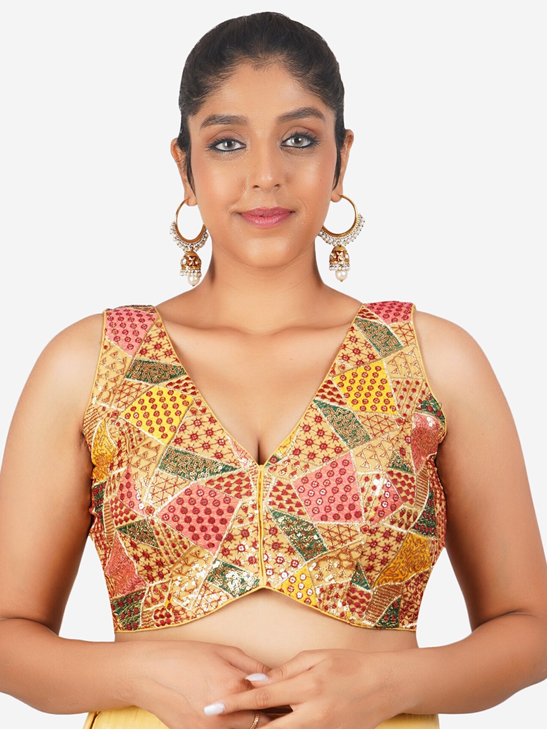 

Trendzmy Embroidered Sequinned Cotton Saree Blouse, Beige