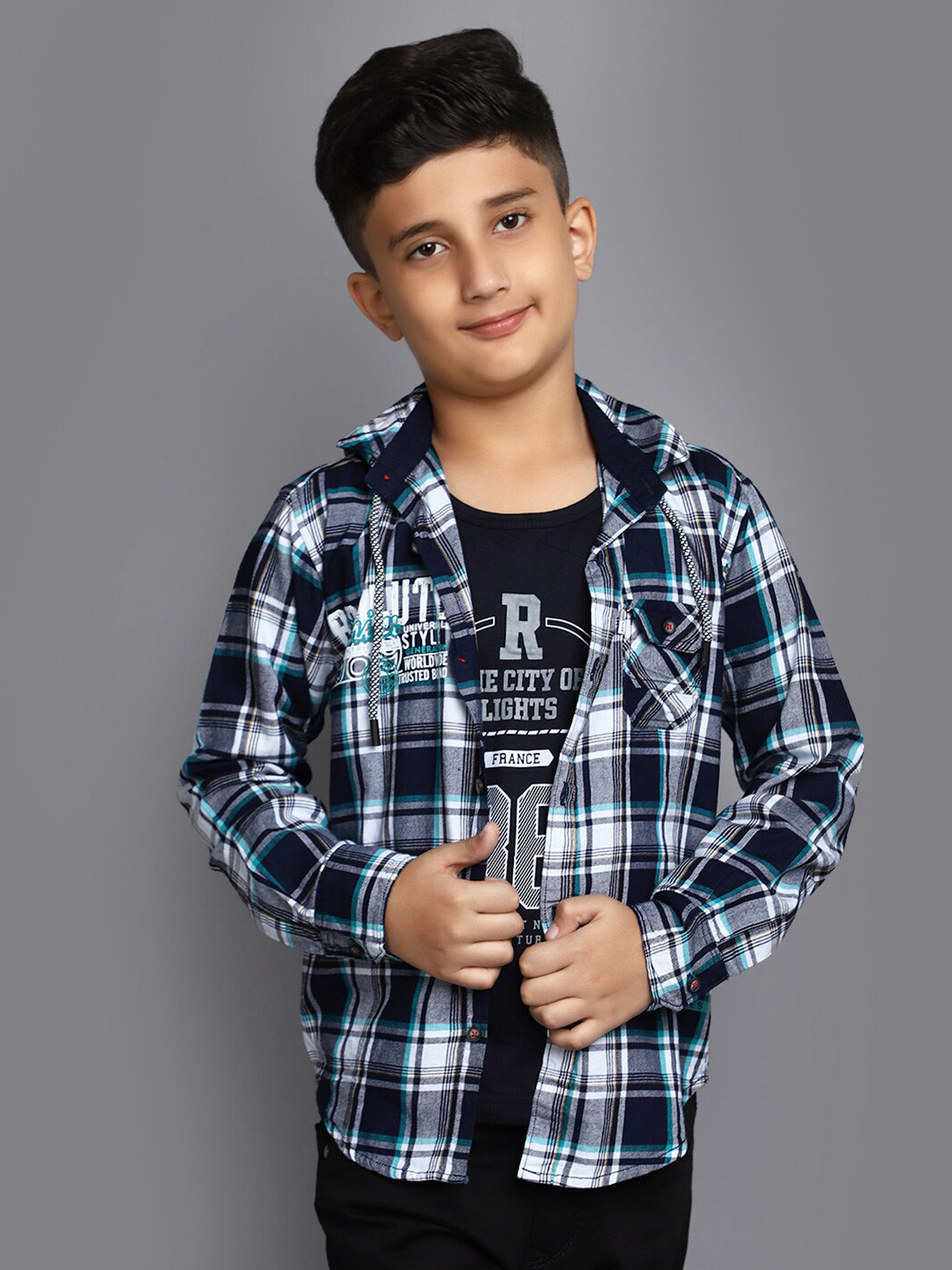 

V-Mart Boys Tartan Checks Hooded Cotton Casual Shirt, Blue