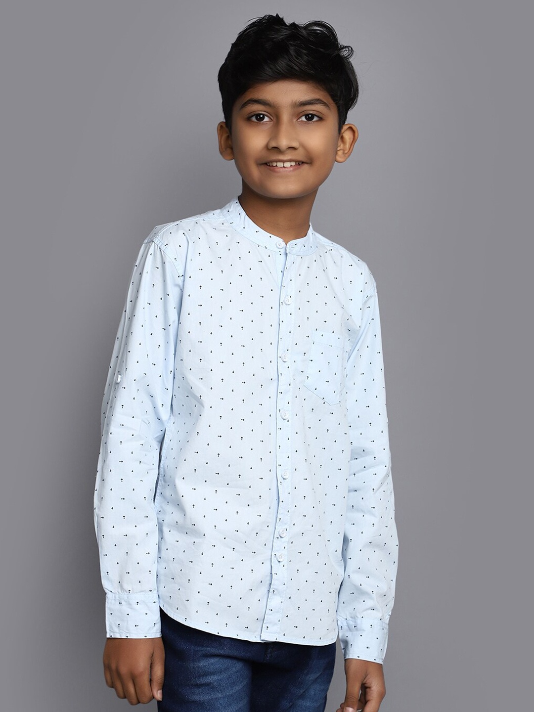 

V-Mart Boys Micro Ditsy Printed Mandarin Collar Cotton Casual Shirt, Blue