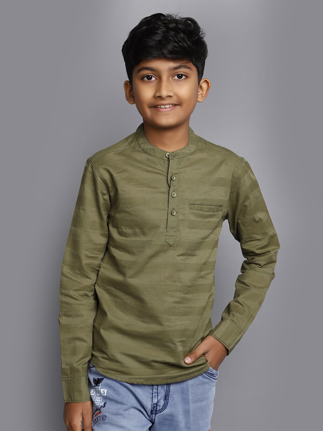 

V-Mart Boys Striped Band Collar Cotton Casual Shirt, Green