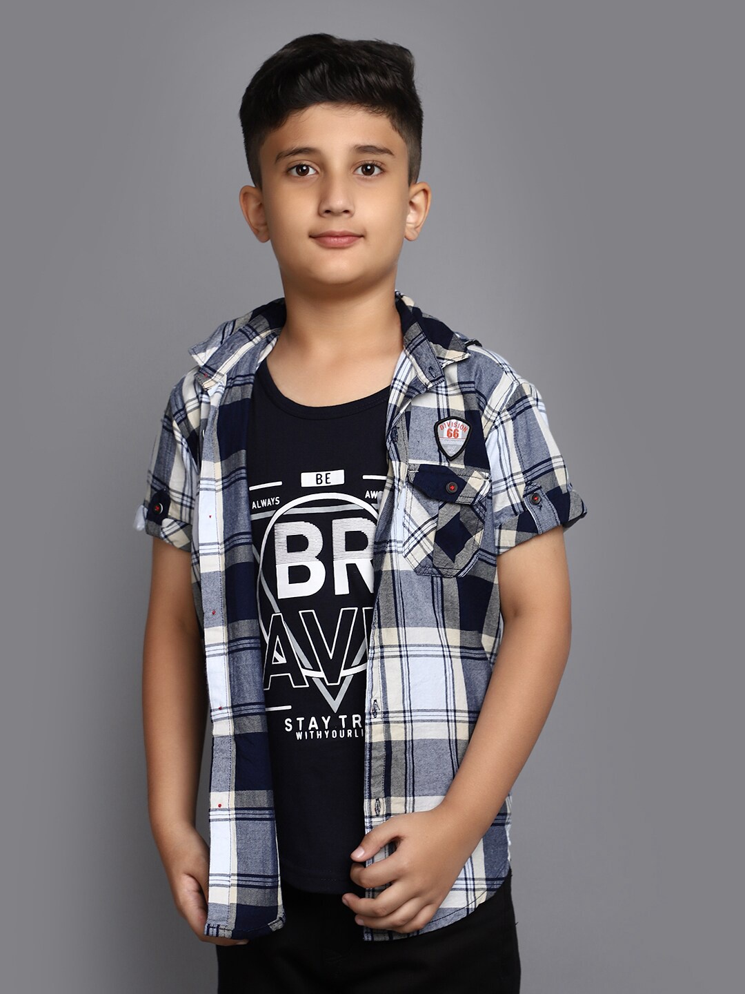 

V-Mart Boys Tartan Checks Checked Hooded Cotton Casual Shirt, Grey