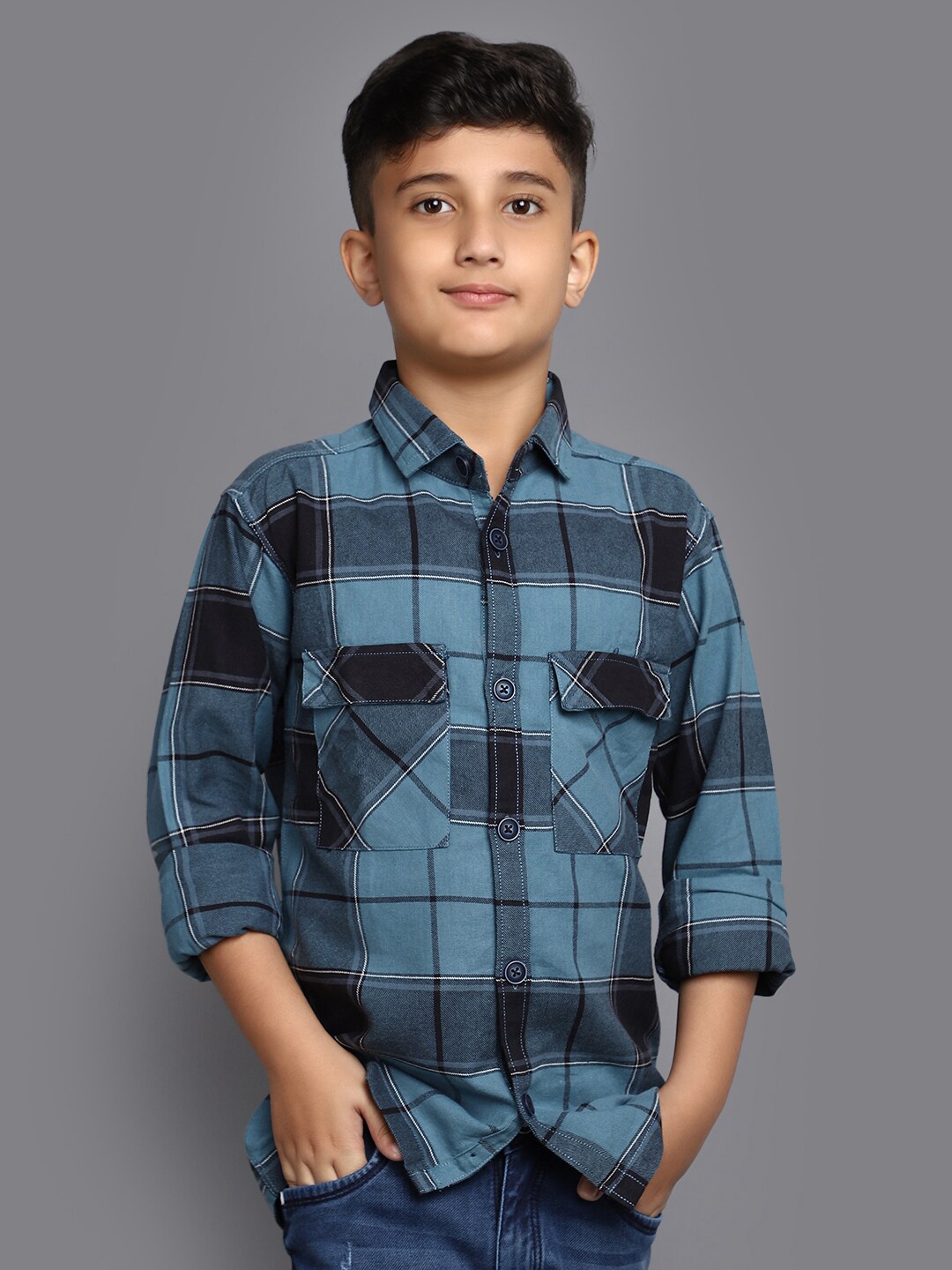 

V-Mart Boys Tartan Checked Twill Weave Cotton Casual Shirt, Blue