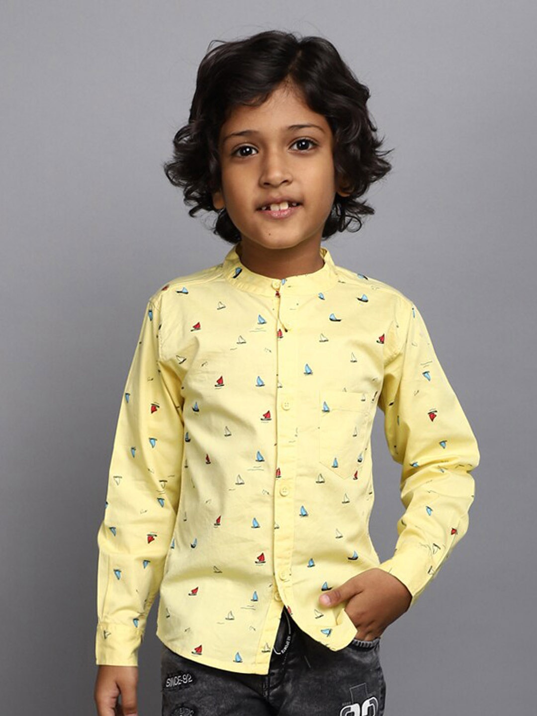 

V-Mart Boys Conversational Printed Band Collar Cotton Casual Shirt, Yellow