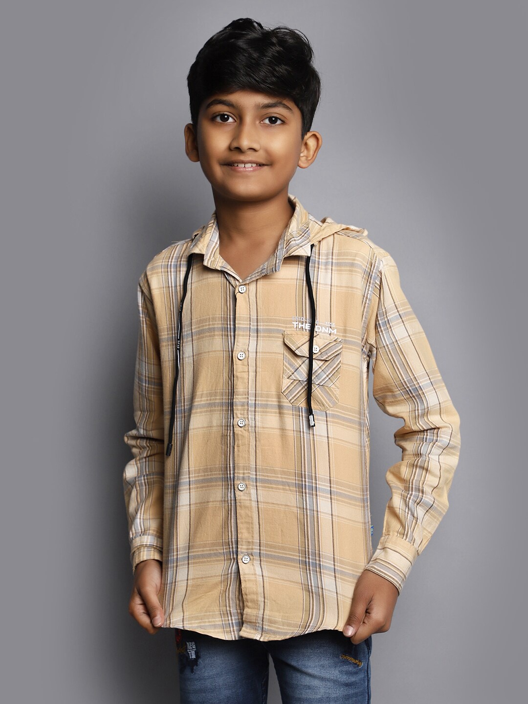 

V-Mart Boys Tartan Checked Hooded Cotton Casual Shirt, Beige