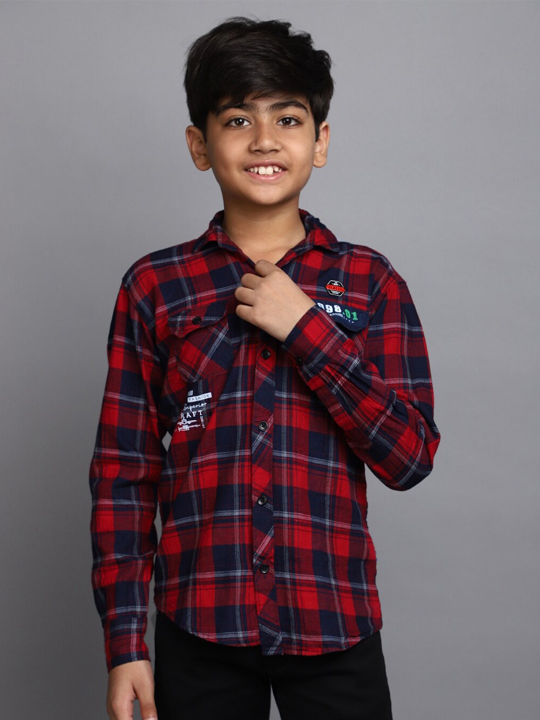 

V-Mart Boys Tartan Checked Hooded Twill Cotton Casual Shirt, Red