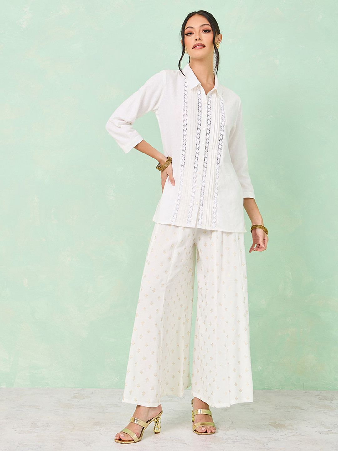 

Styli Floral Printed Flared Cotton Palazzos, White