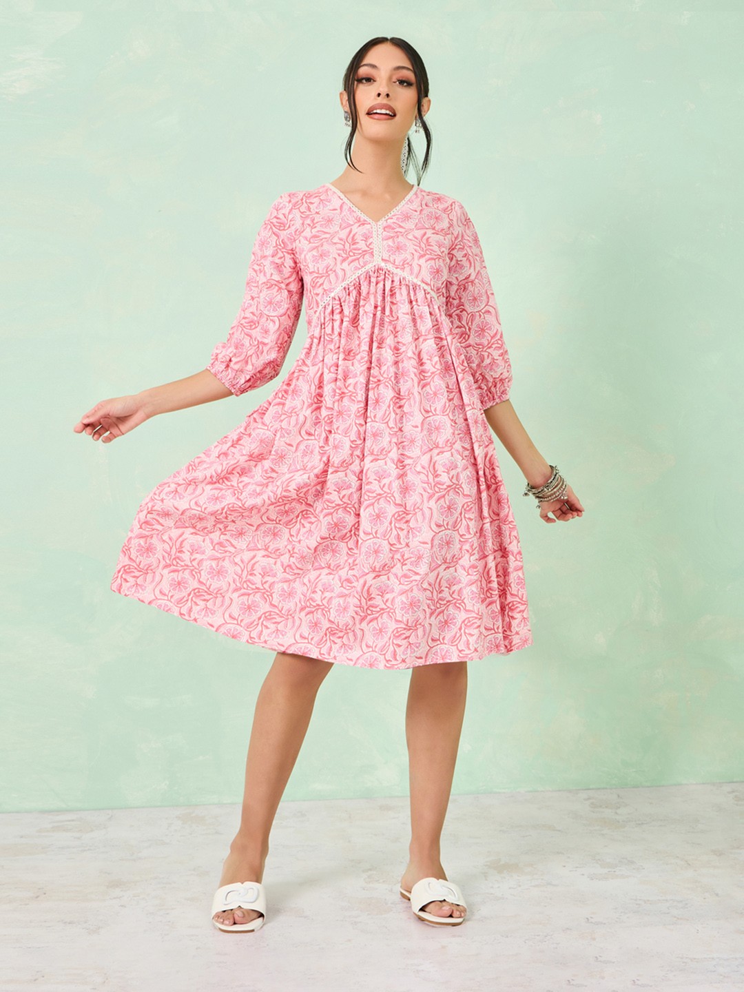 

Styli Floral Printed Cotton Fit & Flared Dress, Pink
