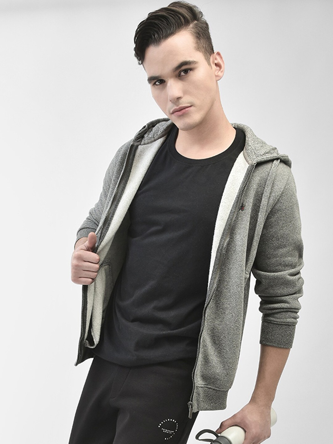 

Crimsoune Club Ribbed Hooded Front-Open Sweatshirt, Grey