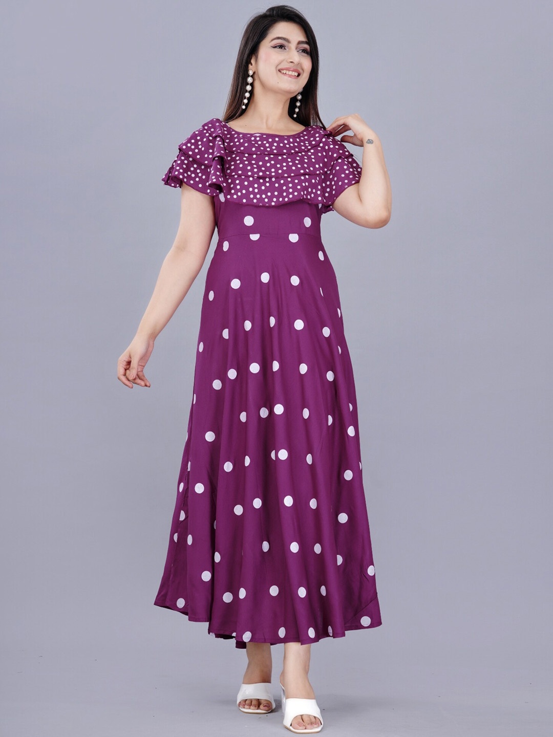 ao services Polka Dot Printed Fit & flare Maxi Dress, Purple
