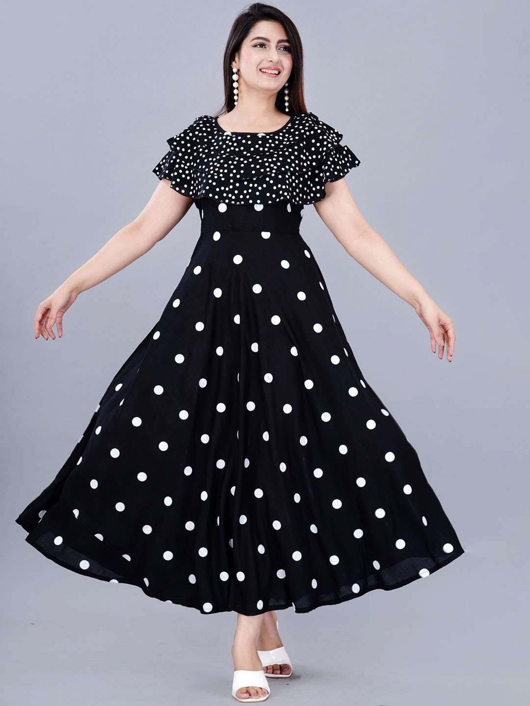 

ao services Polka Dot Printed Fit & flare Maxi Dress, Black