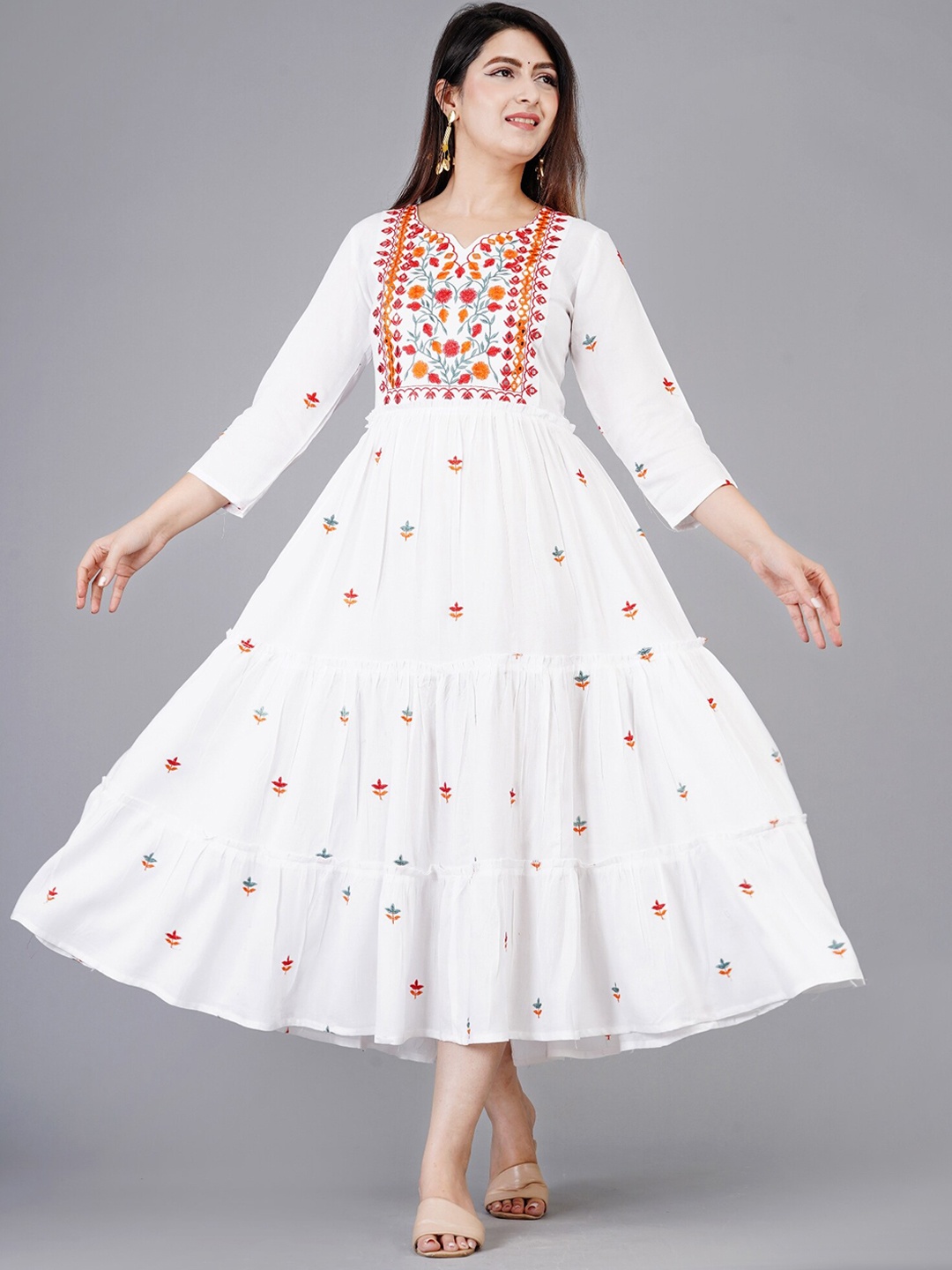 

ao services Floral Embroidered Fit & flare Tiered Ethnic Dress, White