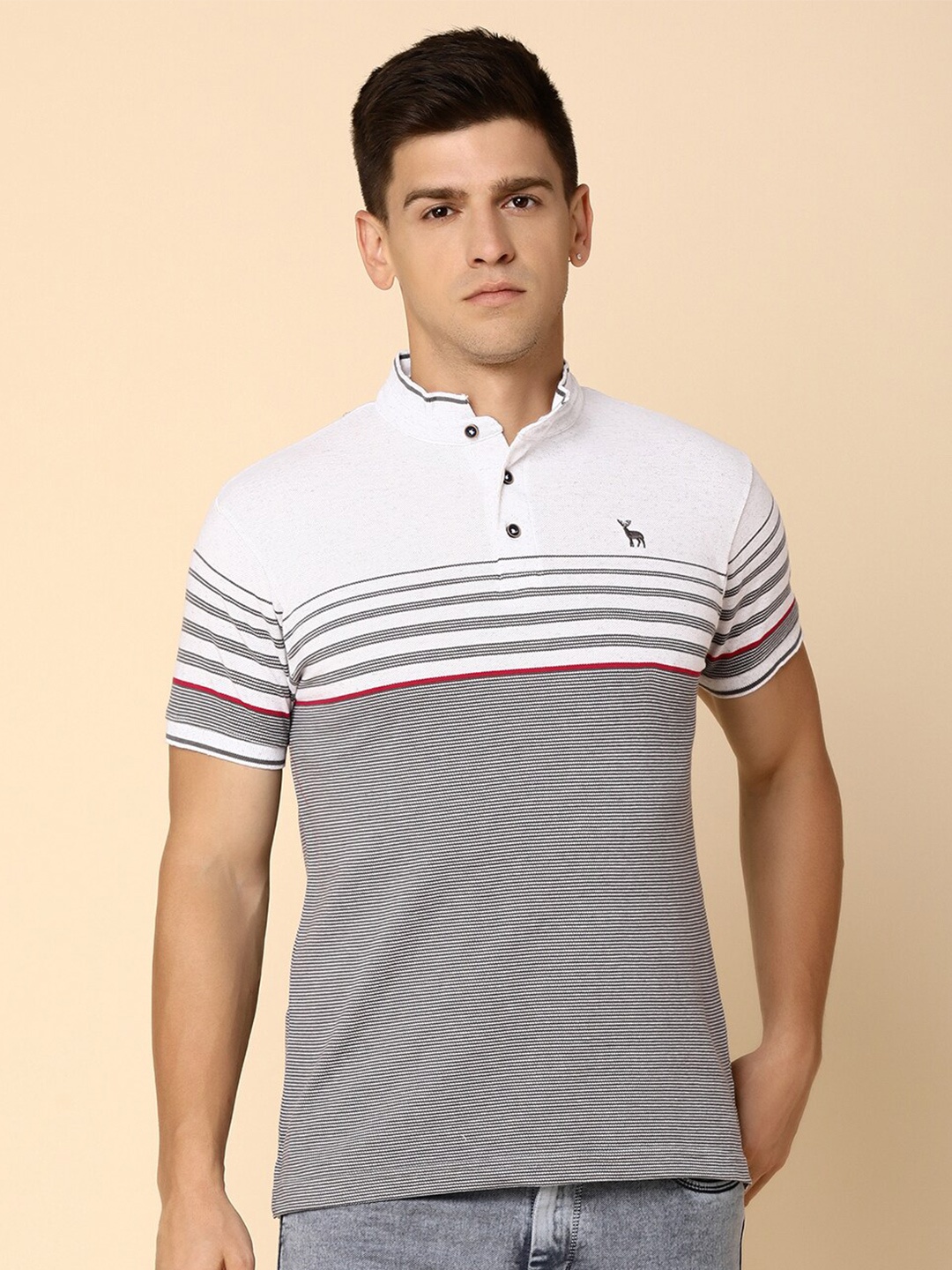

V-Mart Striped Mandarin Collar T-shirt, White