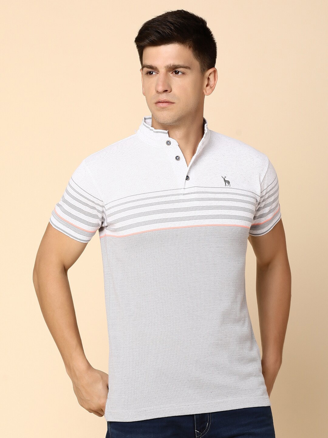 

V-Mart Striped Henley Neck T-shirt, Grey