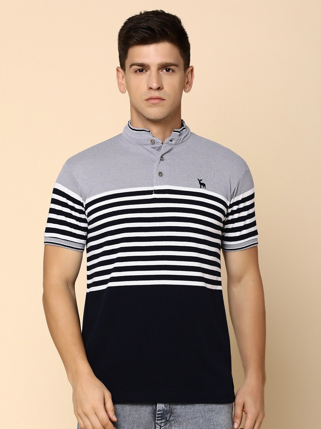 

V-Mart Striped Henley Neck Cotton Slim Fit Casual T-shirt, Grey
