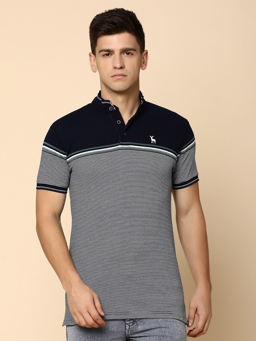 

V-Mart Striped Mandarin Collar T-shirt, Navy blue