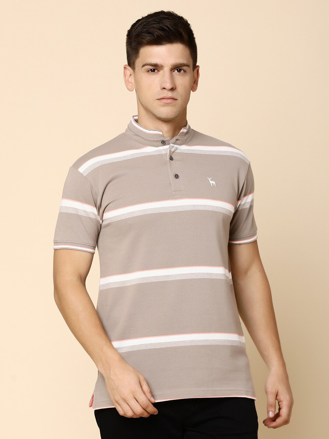 

V-Mart Striped Mandarin Collar Cotton Regular T-shirt, Brown