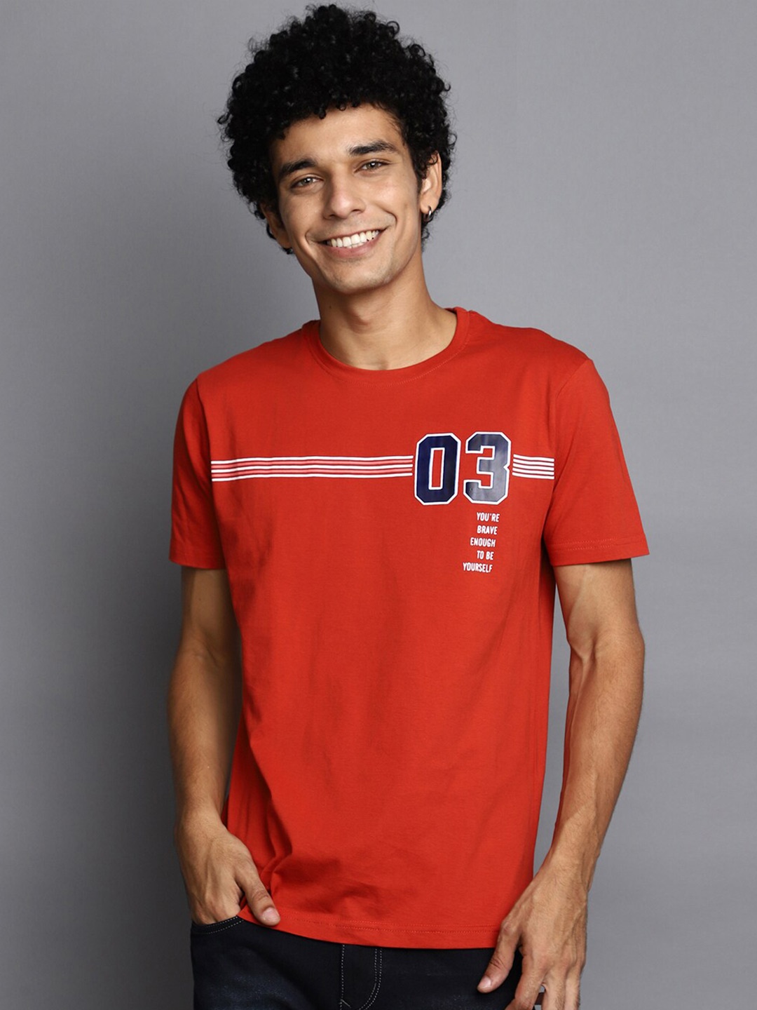 V-Mart Typography Printed Slim Fit Cotton T-shirt, Rust