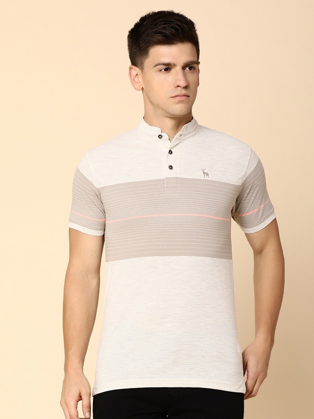 

V-Mart Striped Polo Collar Cotton T-shirt, Beige