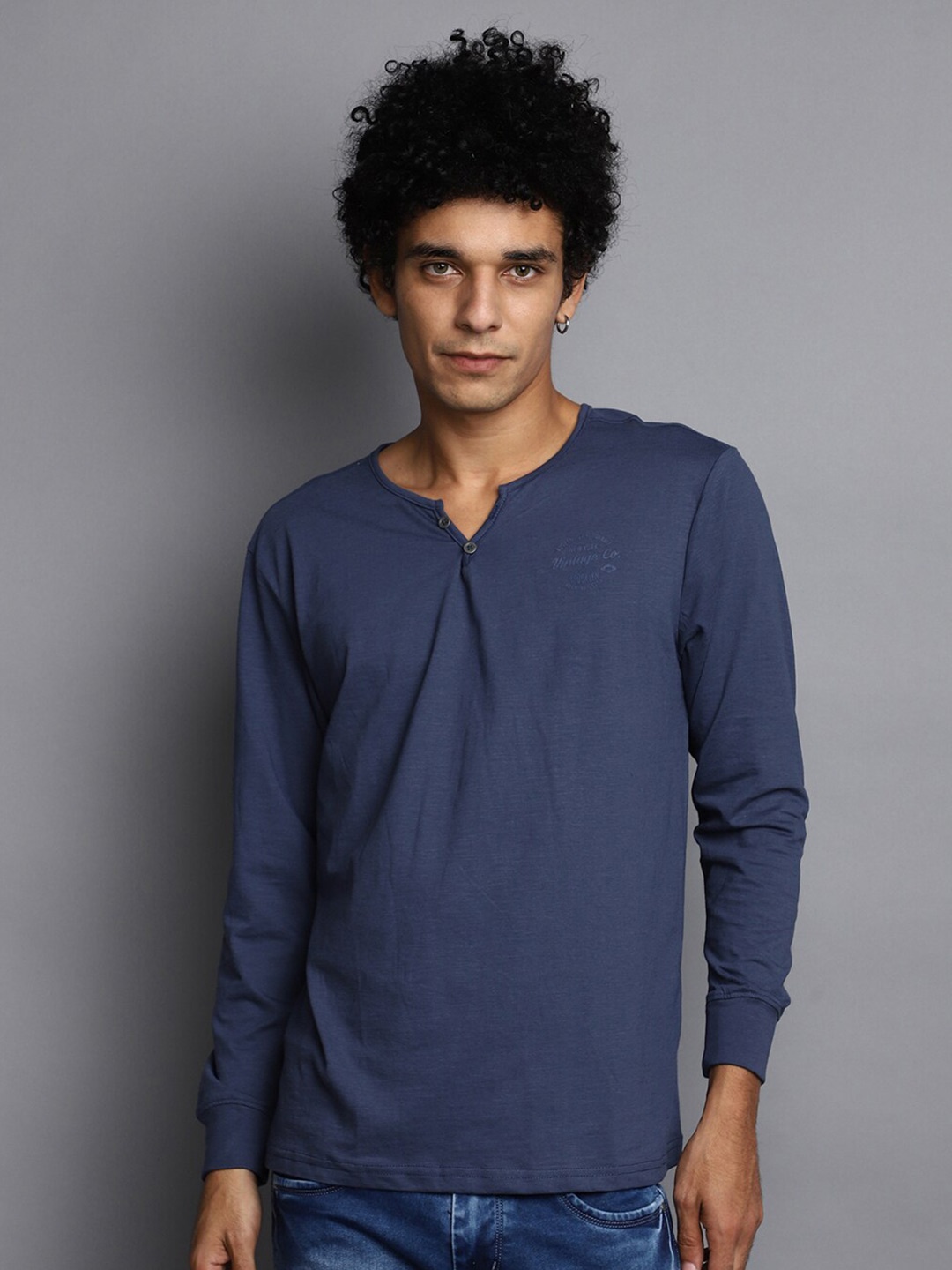 

V-Mart Henley Neck Long Sleeves Cotton T-shirt, Blue