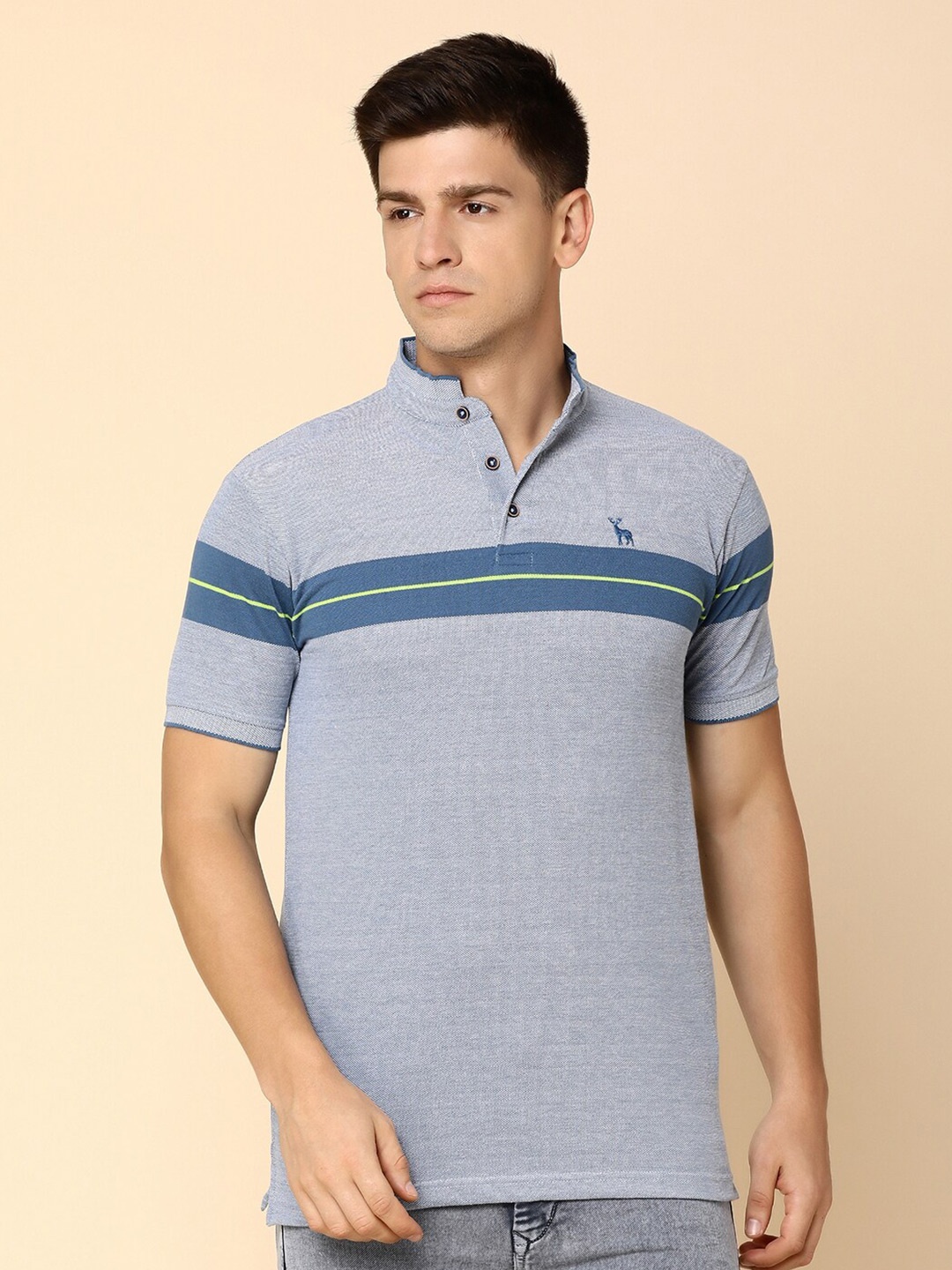 

V-Mart Striped Henley Neck Cotton T-shirt, Grey