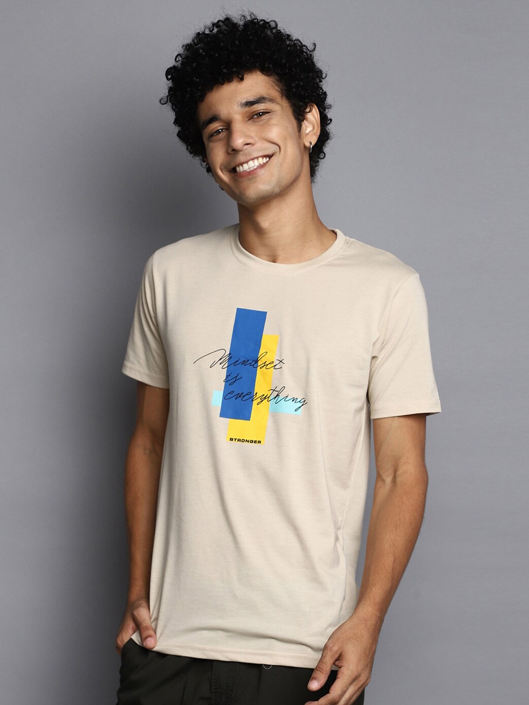 

V-Mart Typography Printed Round Neck Cotton T-shirt, Beige