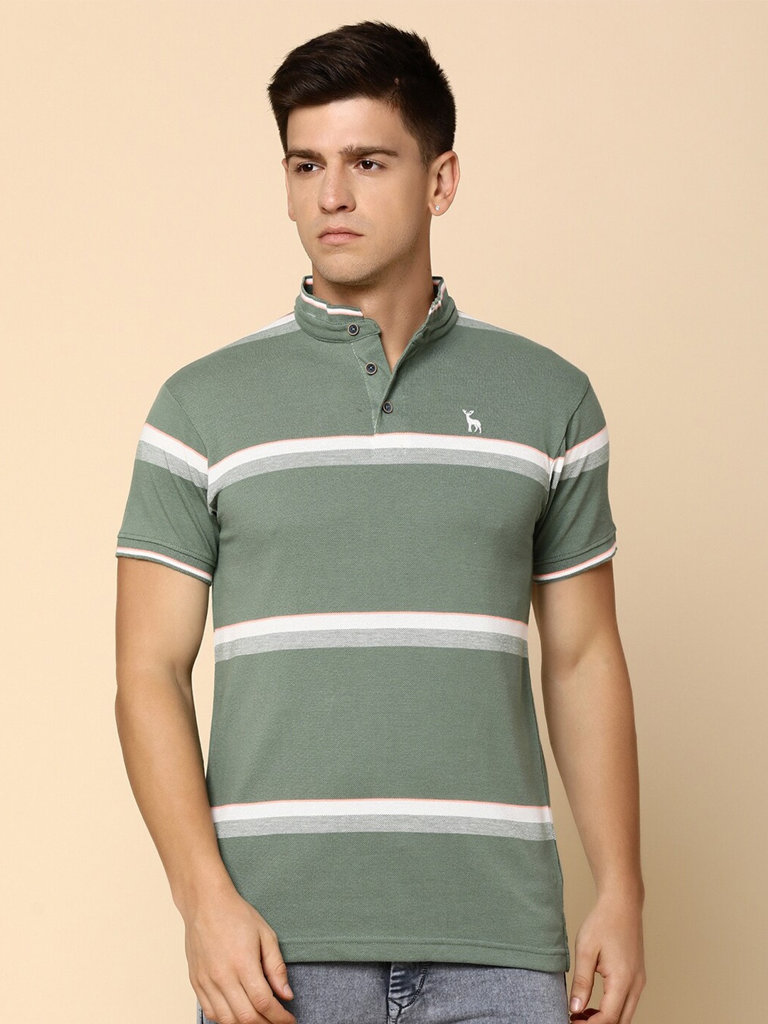

V-Mart Striped High Neck Regular Fit T-shirt, Green