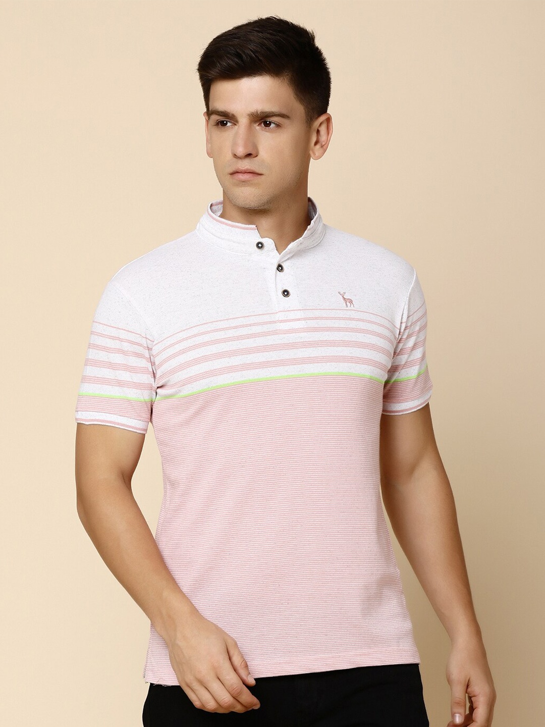 

V-Mart Colourblocked Mandarin Collar Cotton Regular T-shirt, Pink