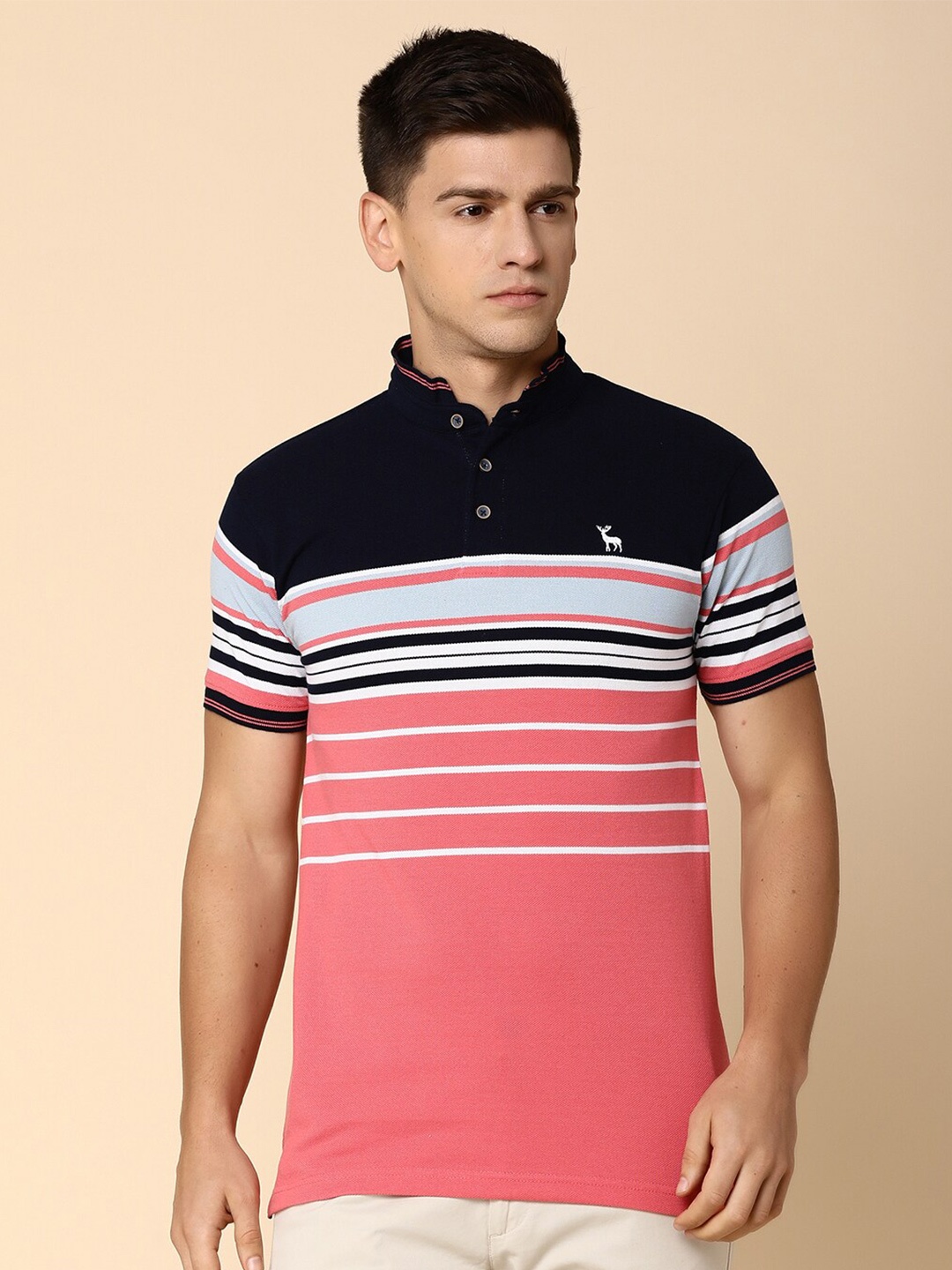 

V-Mart Striped Henley Neck Cotton Slim Fit Casual T-shirt, Pink