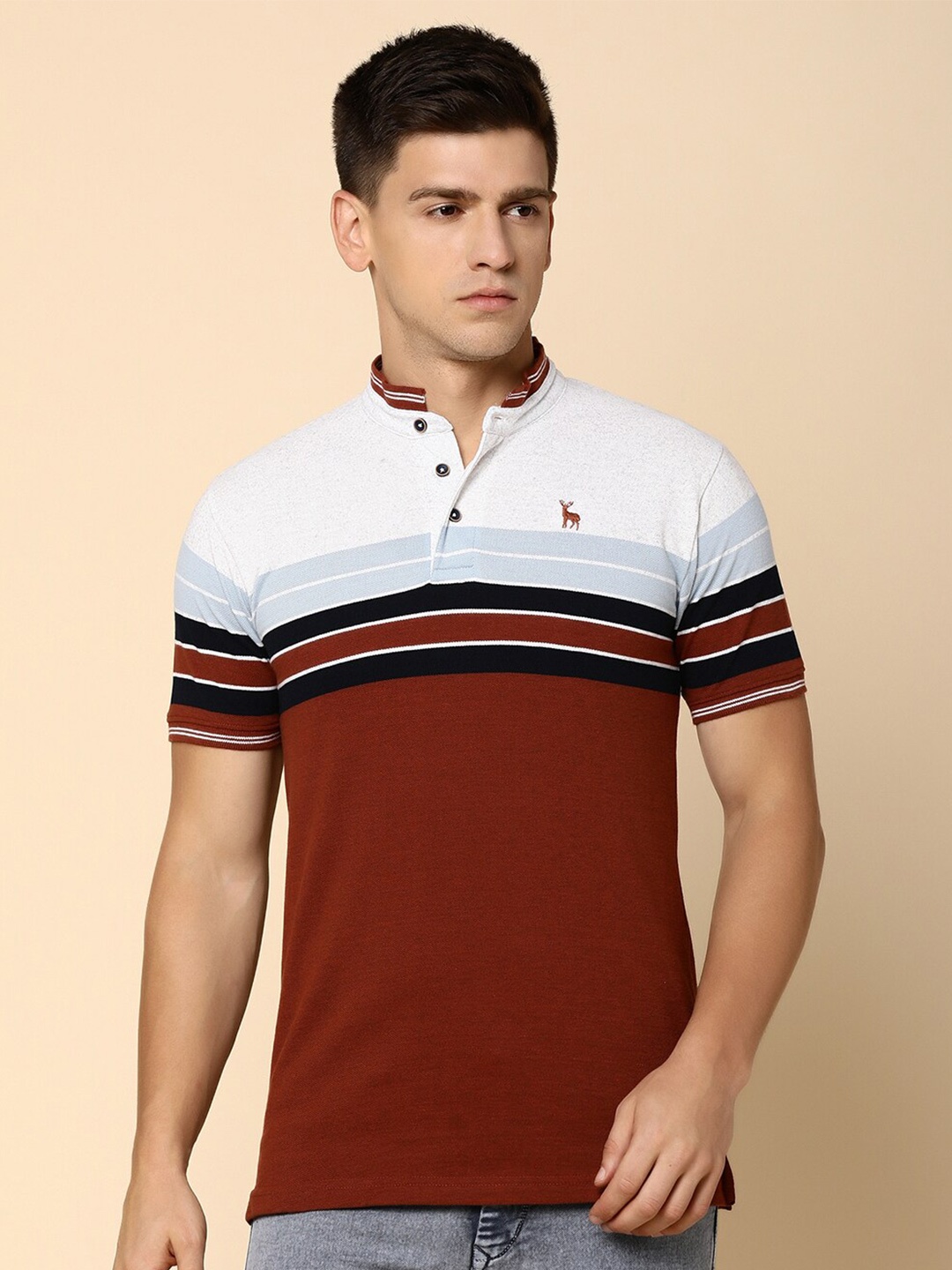 

V-Mart Striped Henley Neck Cotton Slim Fit Casual T-shirt, Maroon