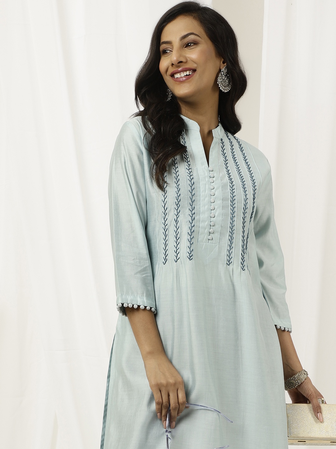 

Jaipur Kurti Embroidered Pintuck Straight Kurta, Blue