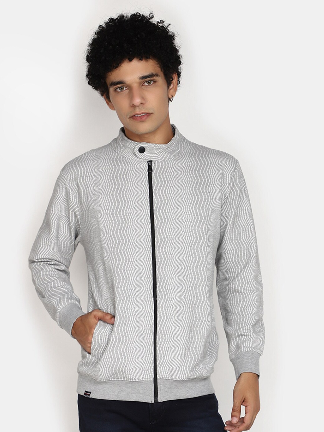 

V-Mart Self Design Jacquard Cotton Front Open Sweatshirt, Grey