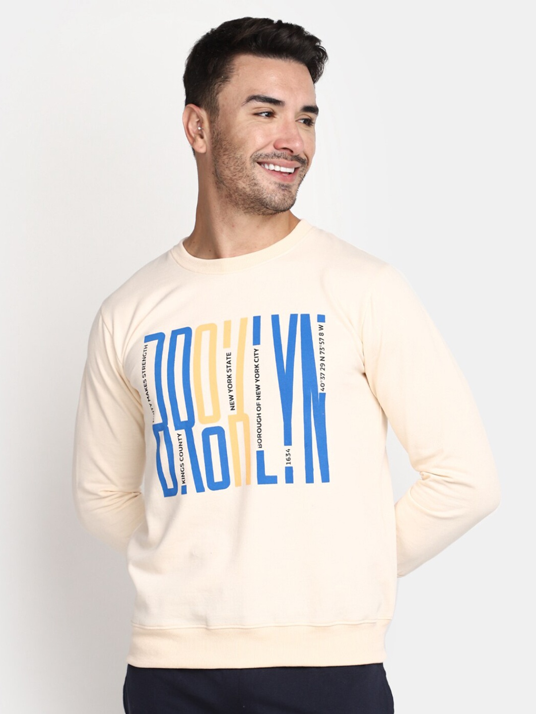 

V-Mart Typography Printed Round Neck Long Sleeve Cotton Pullover Sweatshirt, Beige