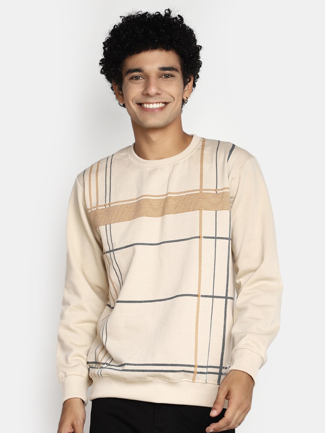

V-Mart Checked Round Neck Cotton Sweatshirt, Beige