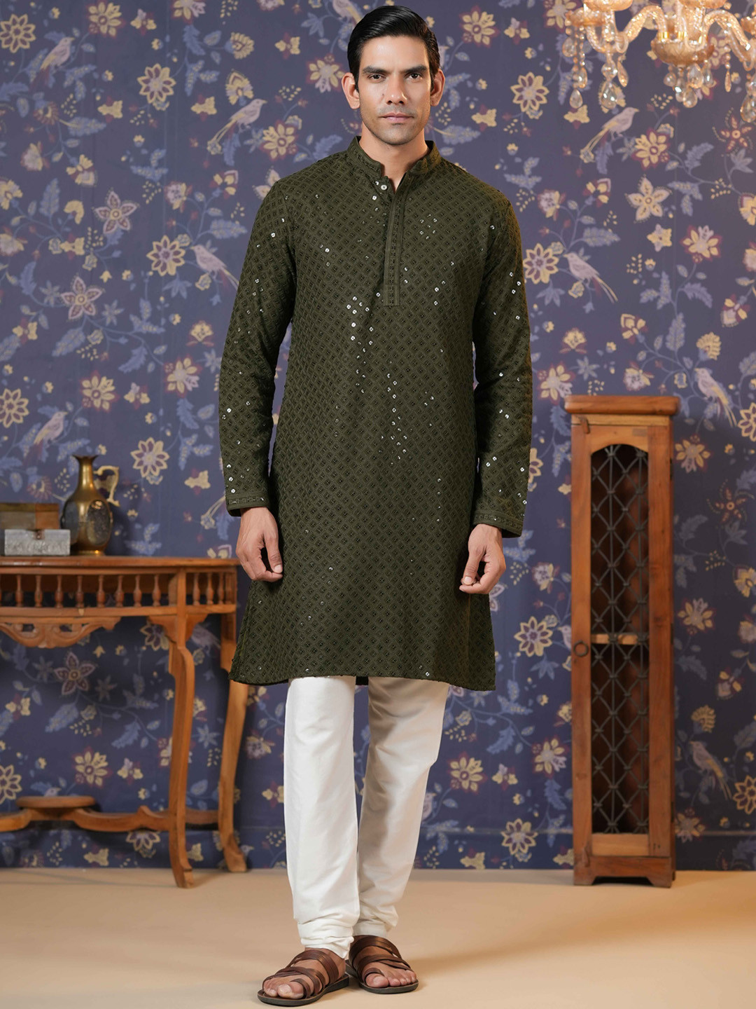 

House of Pataudi Ethnic Motifs Embroidered Sequinned Straight Kurta With Churidar, Olive
