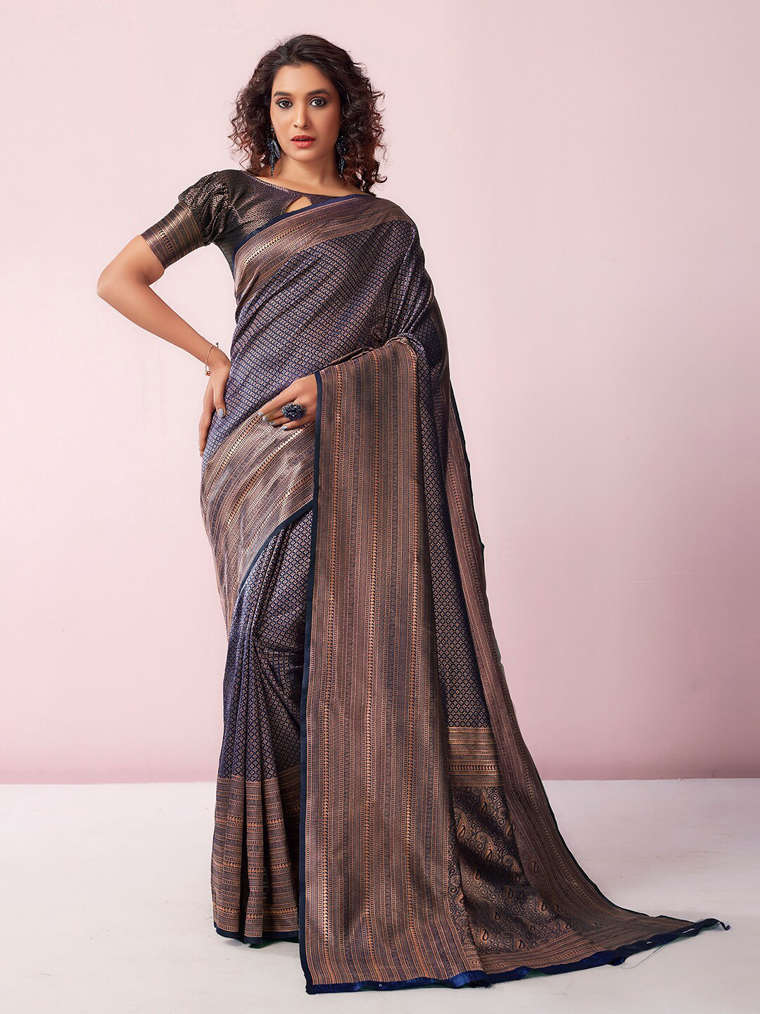 

Satrani Ethnic Motifs Woven Design Zari Saree, Navy blue