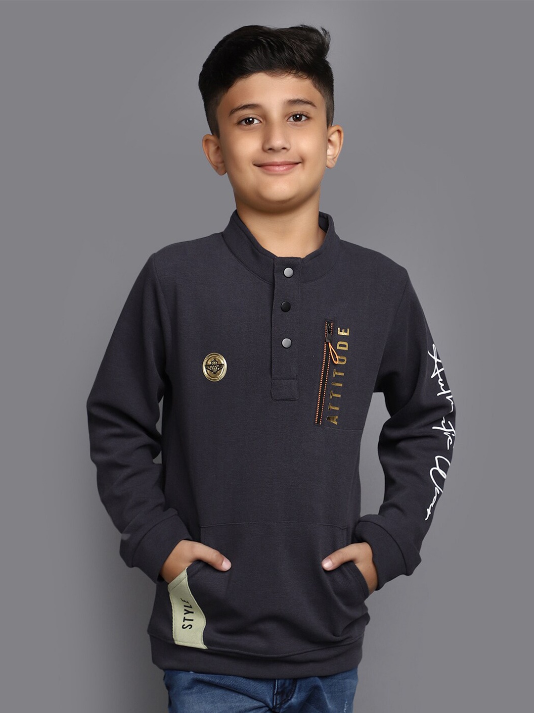 

V-Mart Boys Printed Henley Neck Cotton T-shirt, Grey