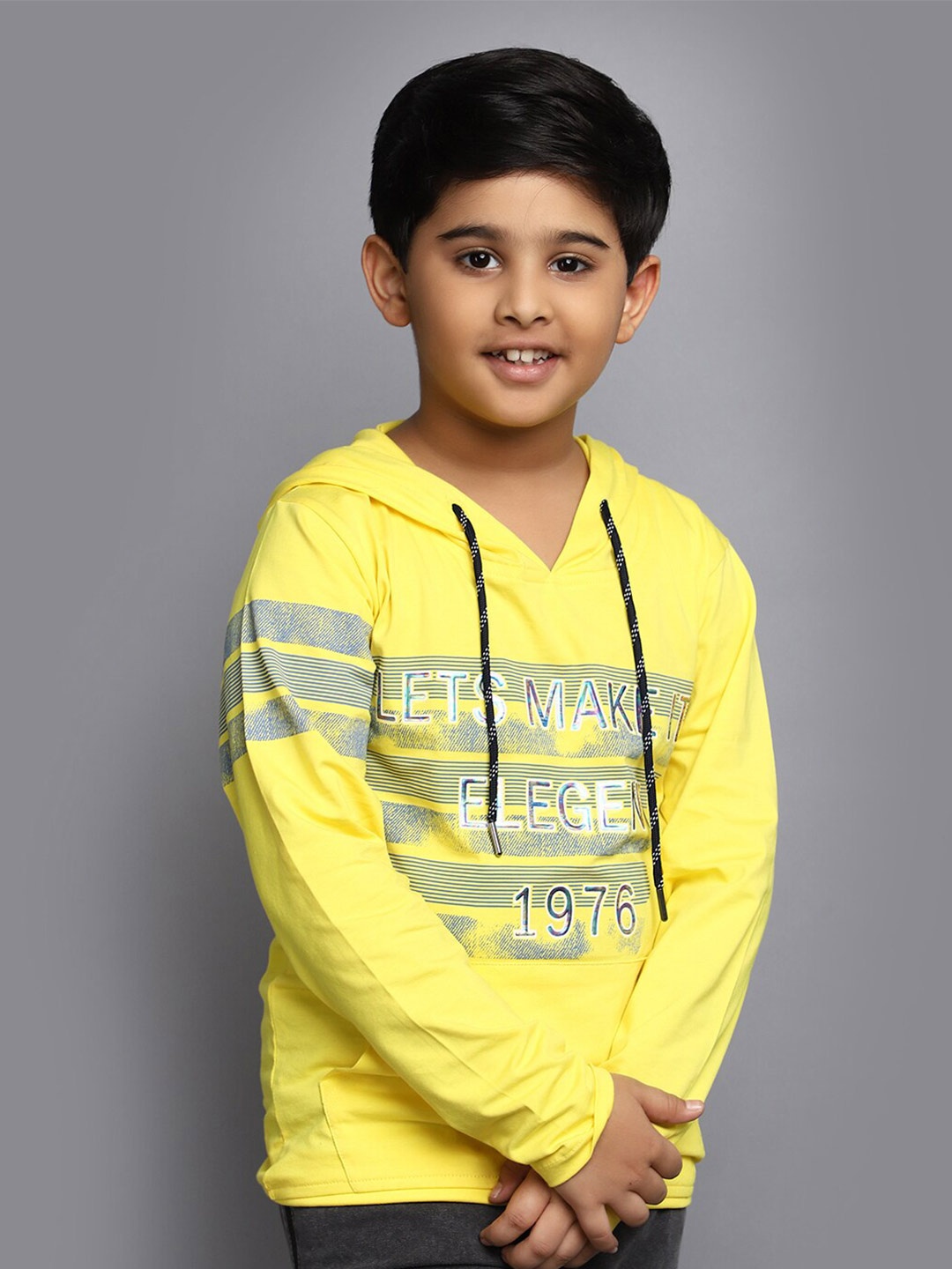 V-Mart Boys Typography Printed Hooded Cotton T-shirt, Yellow