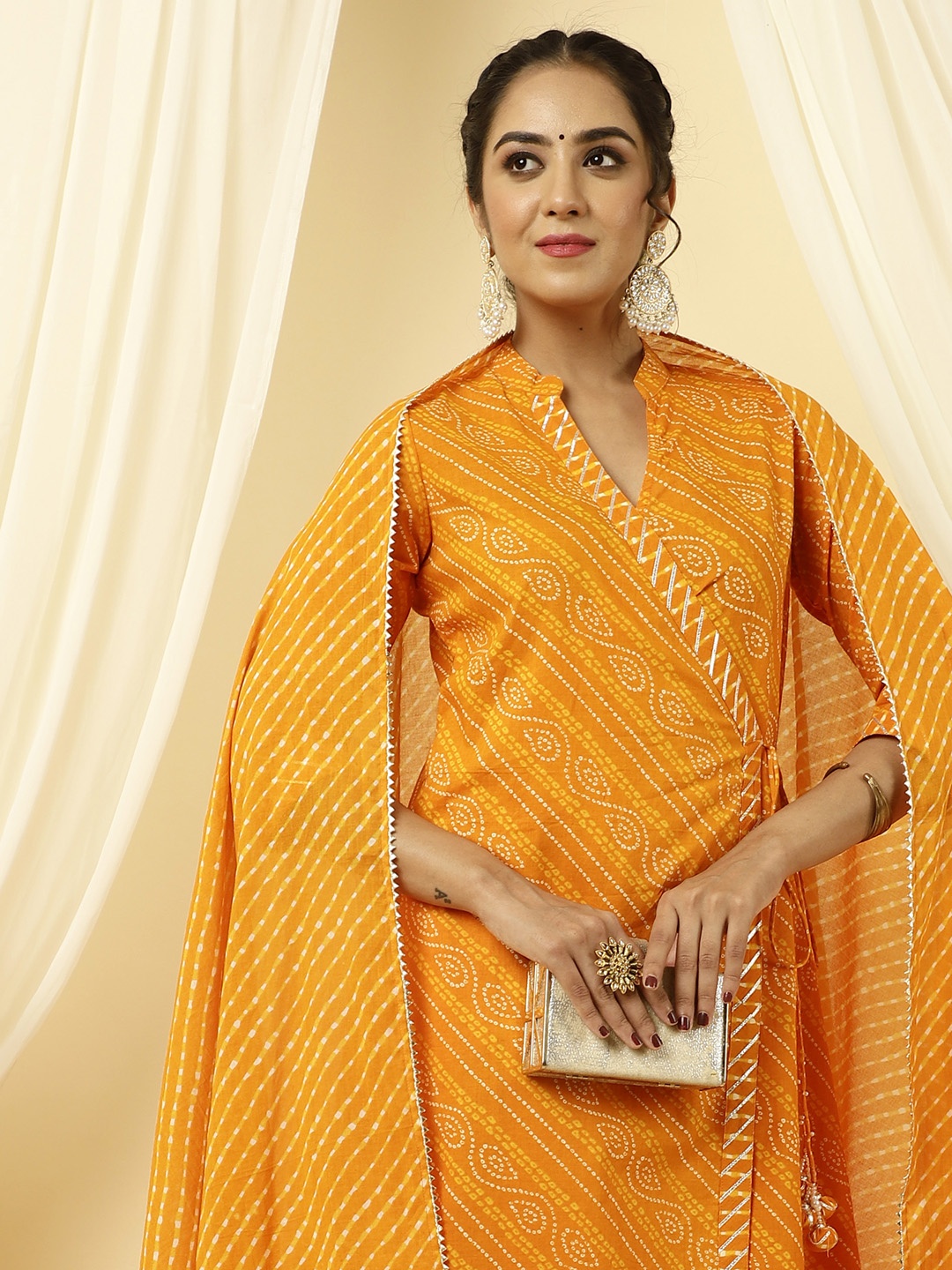 

Jaipur Kurti Bandhani Printed Angrakha Pure Cotton Kurta With Trousers & Dupatta, Orange