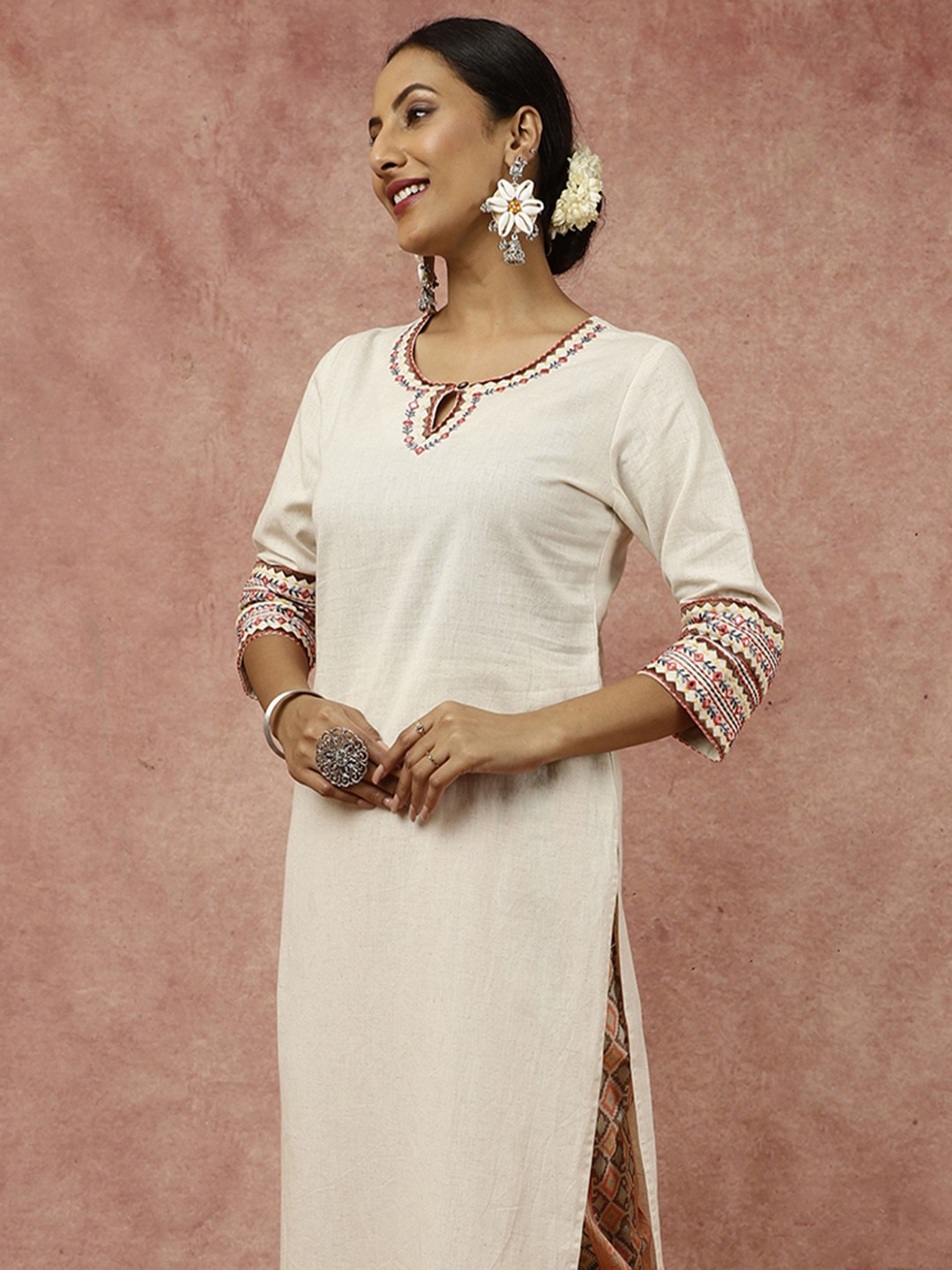 

Jaipur Kurti Mirror Embroidered Straight Kurta With Geometric Printed Pants, Beige