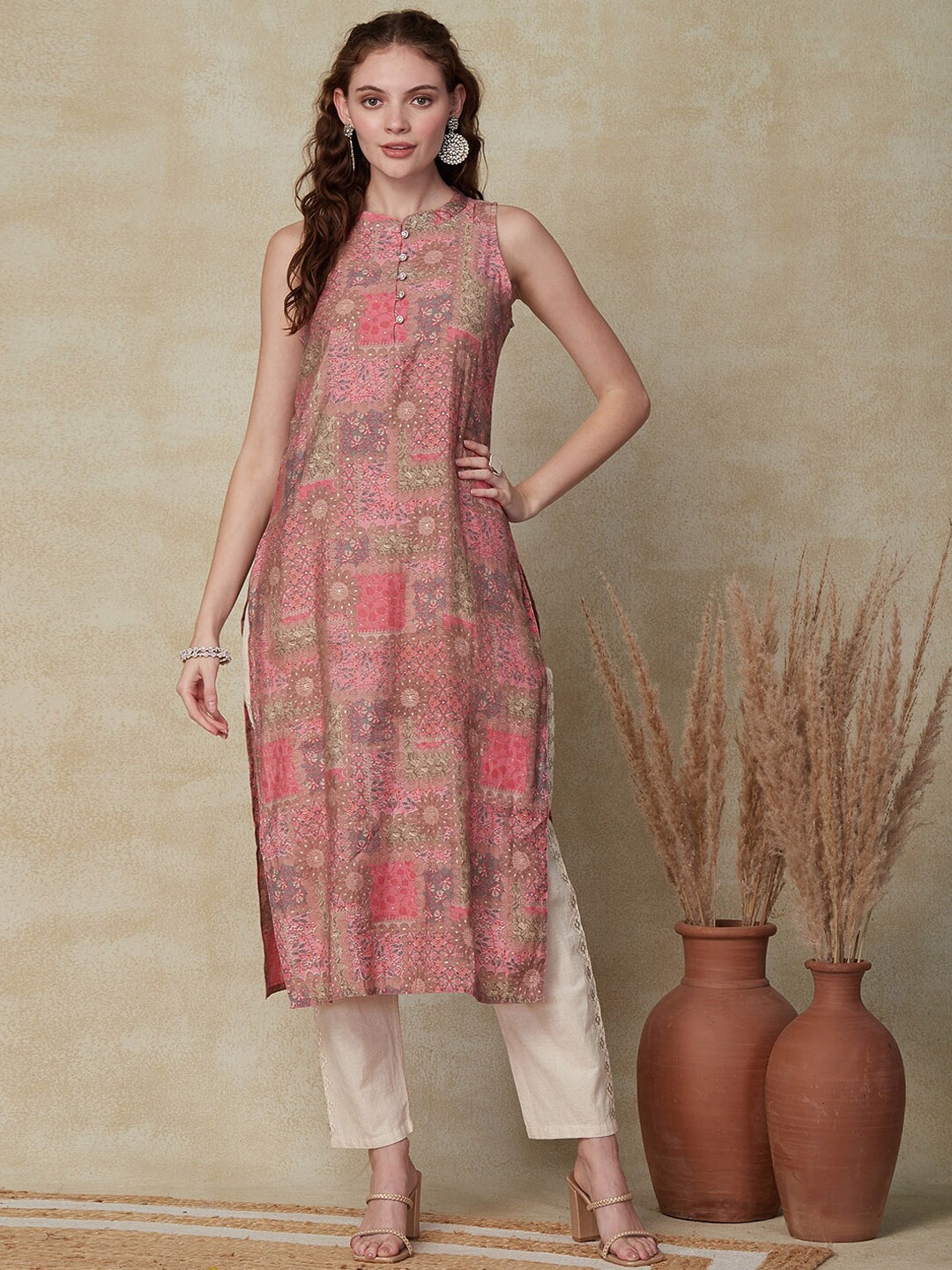 

FASHOR Ethnic Motif Printed Straight Kurta, Pink